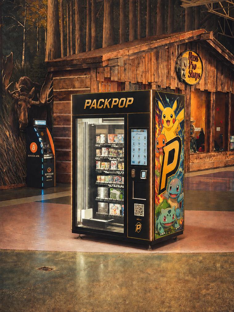 Distributeur automatique PackPop noir et or, rempli de boosters de cartes à collectionner, avec écran tactile et paiement sans contact